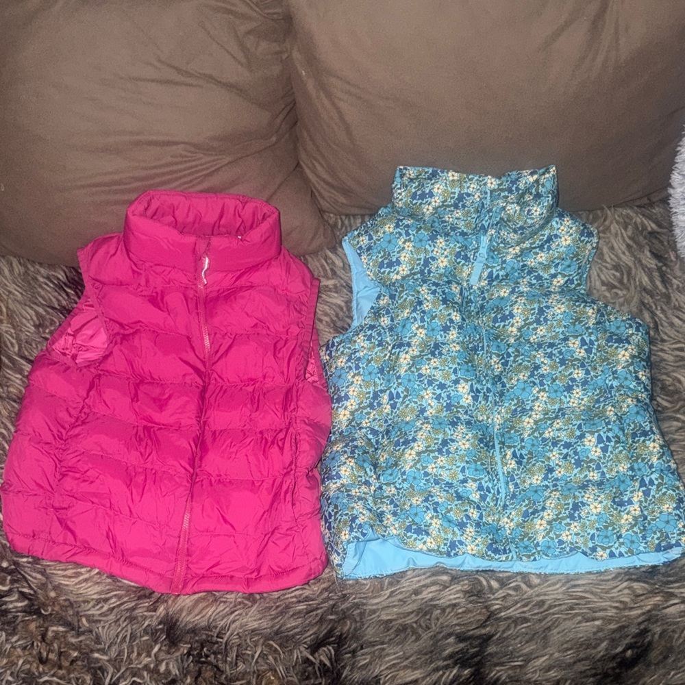 Pink Puffer Vest and Floral Blue Vest